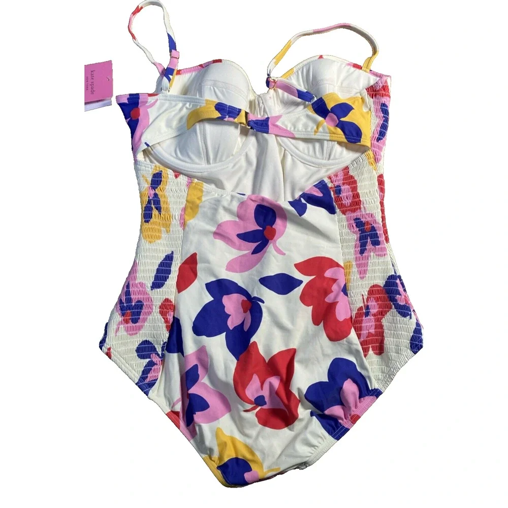 Kate Spade Summer Floral Smocked Underwire One Piece Swimsuit Ivory Womens XL